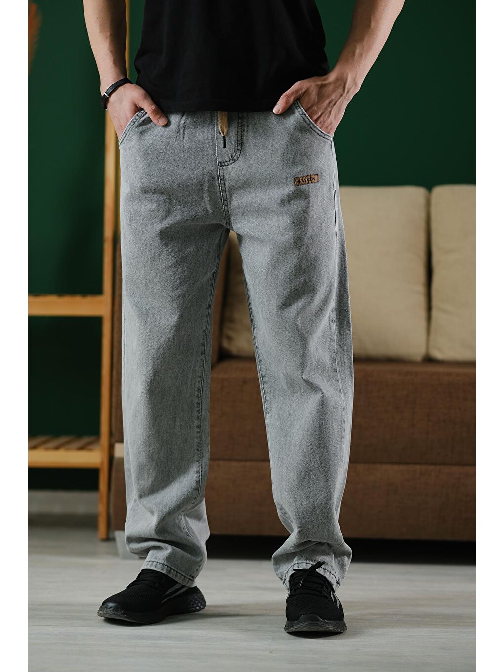 Gri Reax Rayn Beli Lastikli İpli Düz Paça Rahat Kesim Erkek Jean Pantolon