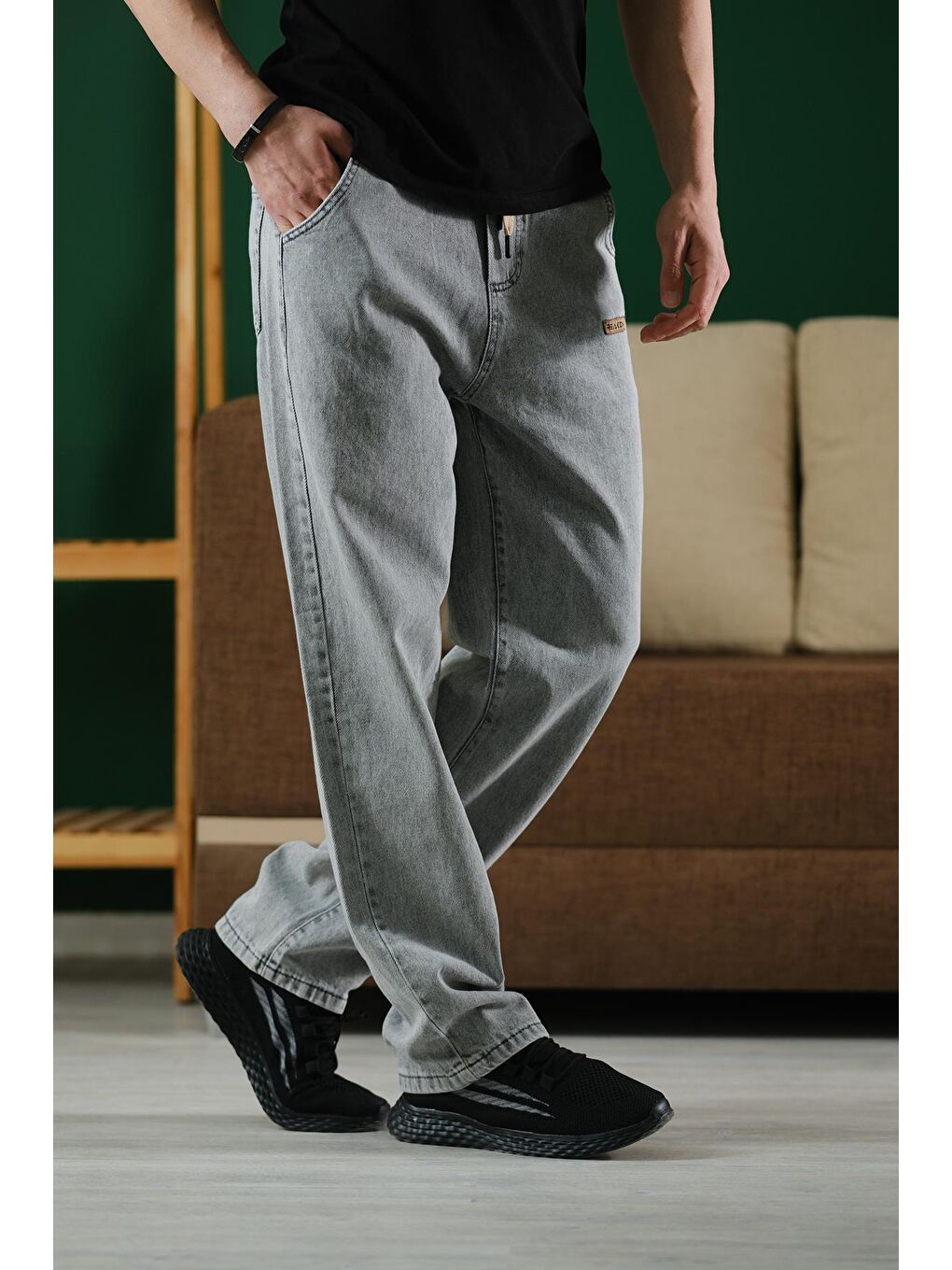 Gri Reax Rayn Beli Lastikli İpli Düz Paça Rahat Kesim Erkek Jean Pantolon-1