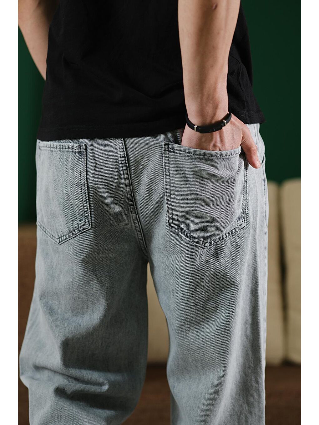 Gri Reax Rayn Beli Lastikli İpli Düz Paça Rahat Kesim Erkek Jean Pantolon-3