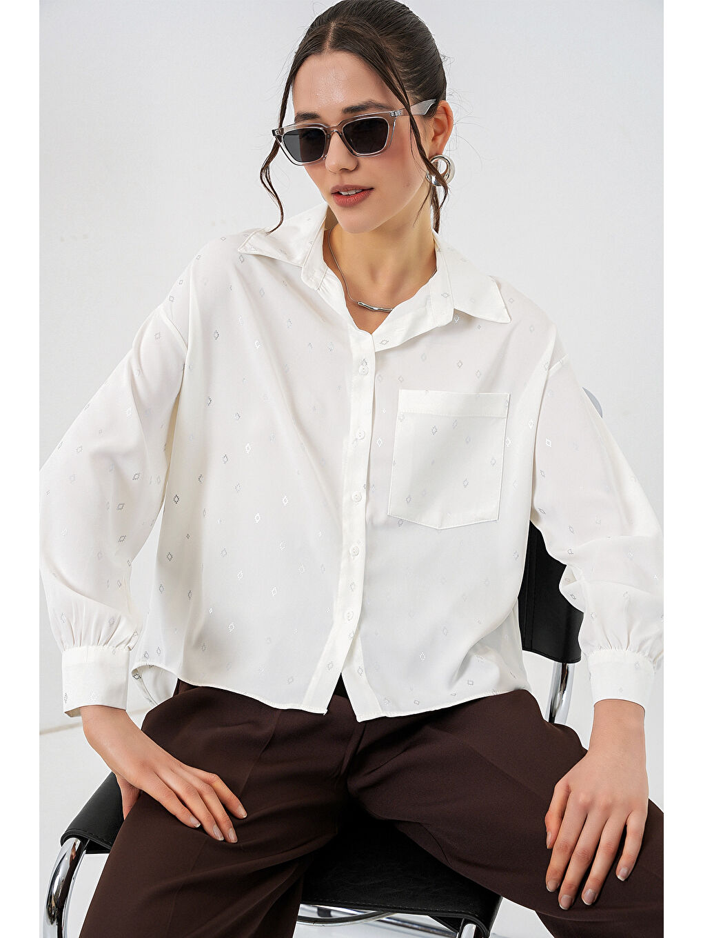 Gri Kadın Desenli Oversize Gömlek 20361 - Gümüş-2