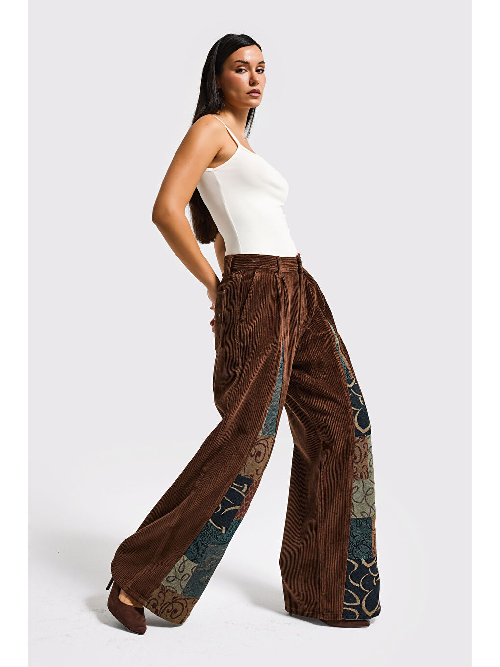 Kahverengi Kadın Kahve Etnik Desen 26w5-42 Palazzo Fit Özel Tasarım Velvet Kadife Kumaş Pantolon-4