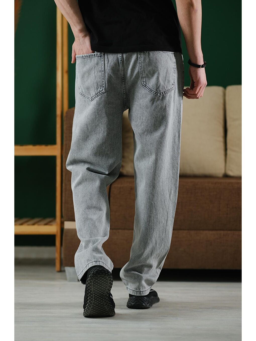 Gri Reax Rayn Beli Lastikli İpli Düz Paça Rahat Kesim Erkek Jean Pantolon-4