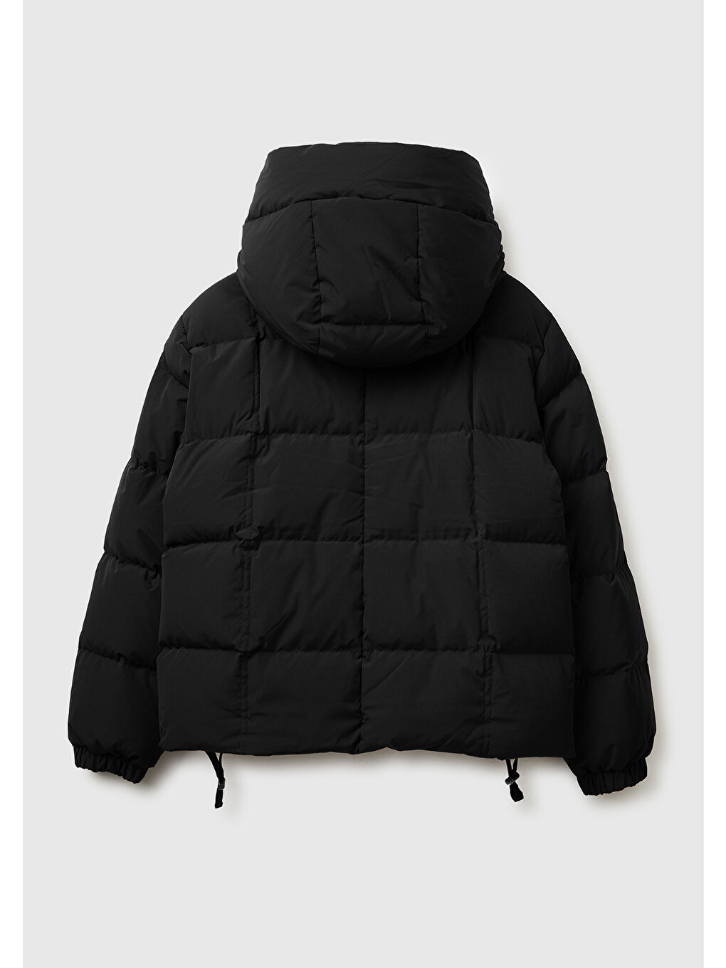 Kadın Siyah Kuş Tüyü Kapüşonlu Fermuarlı Kolu Lastikli Şişme Mont-3