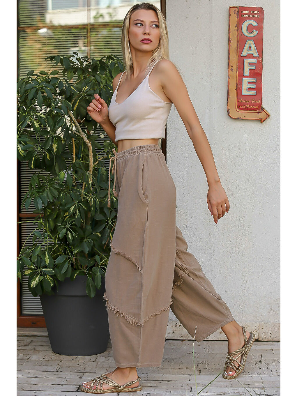 Kahverengi Camel Düz Renk Çift Cepli Yıkamalı Dokuma Şalvar Pantolon-5