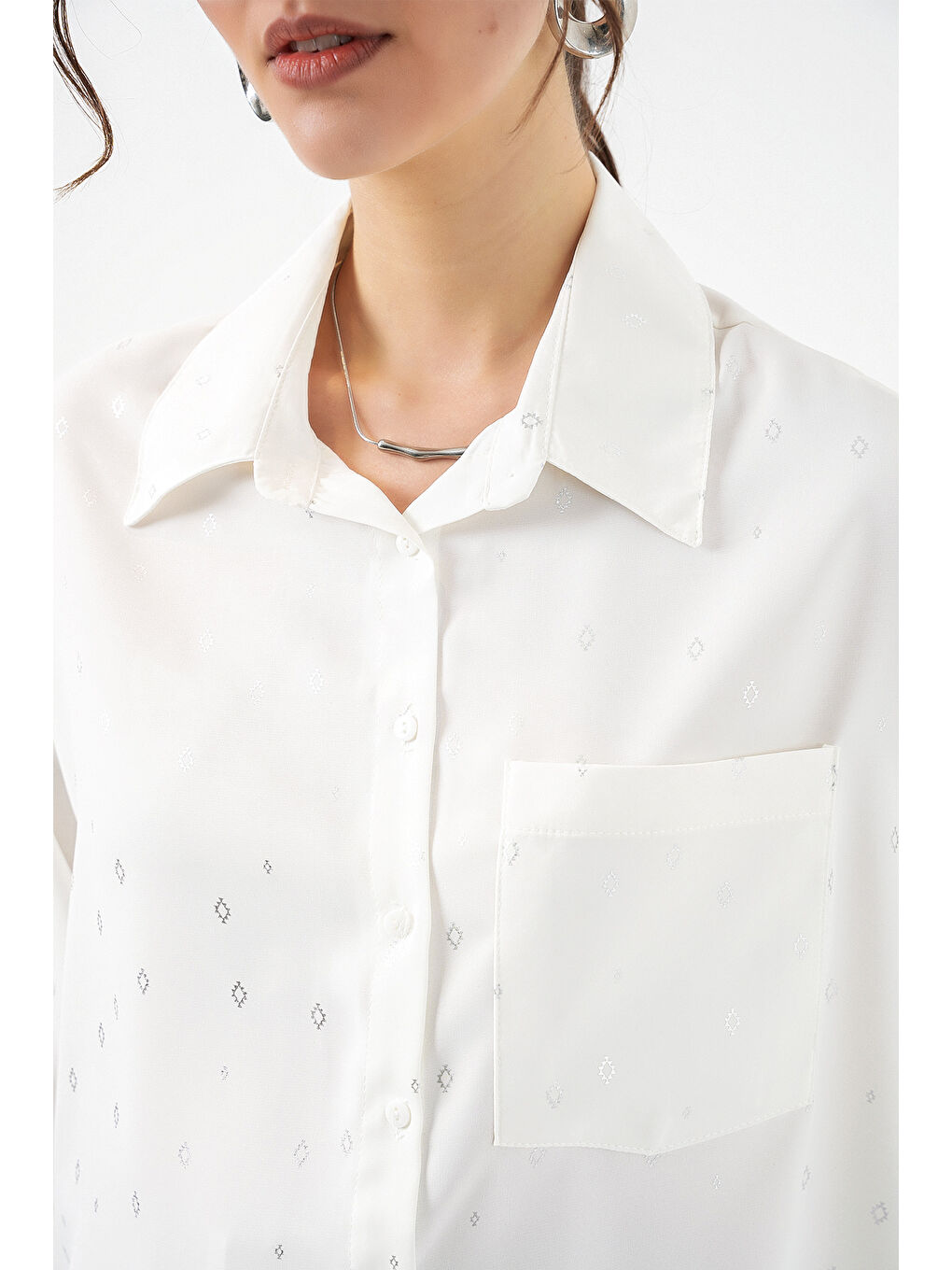 Gri Kadın Desenli Oversize Gömlek 20361 - Gümüş-3