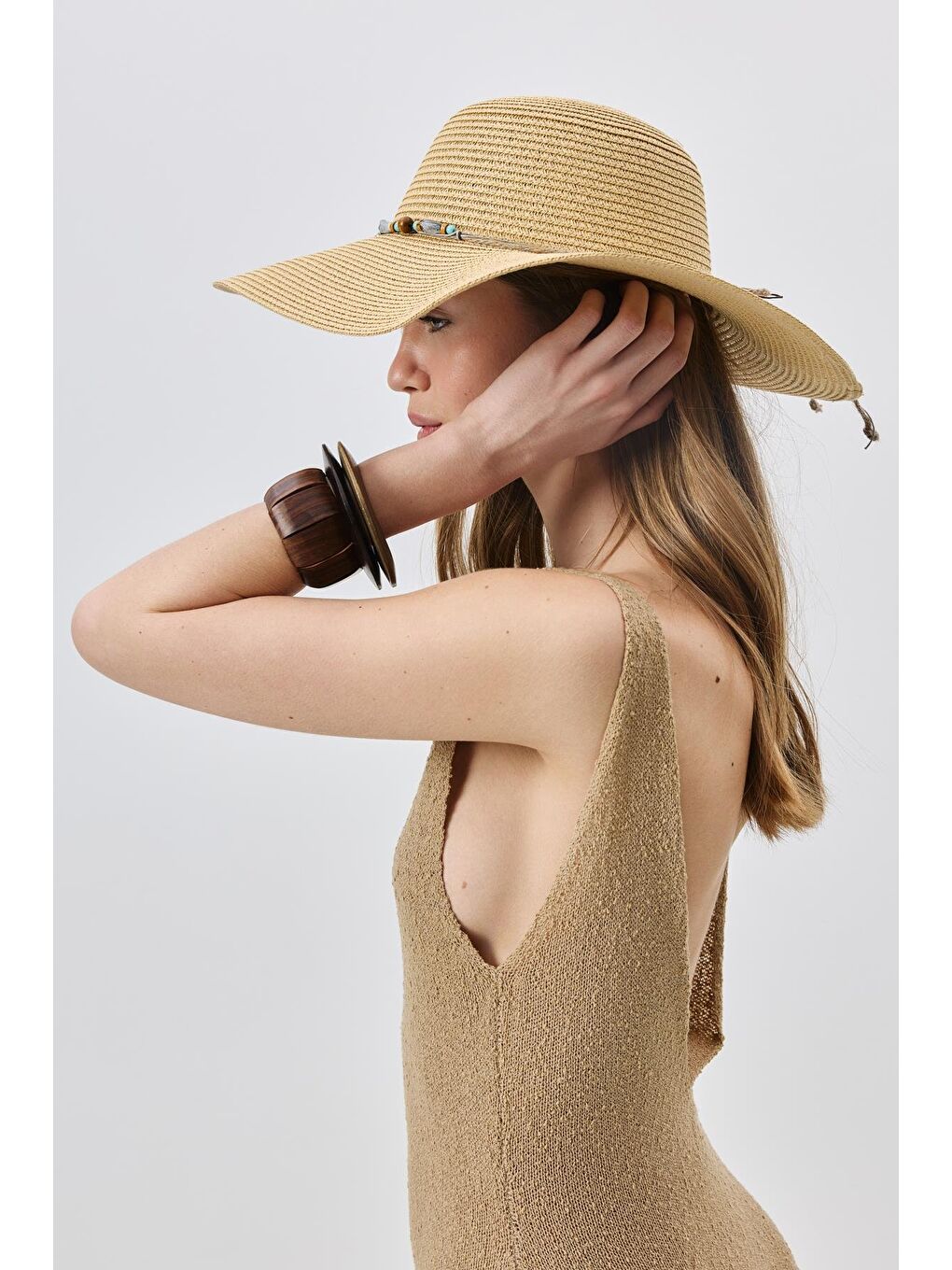Geniş Kenar Hasır Plaj Şapkası Y25730-13 Orta Bej-1