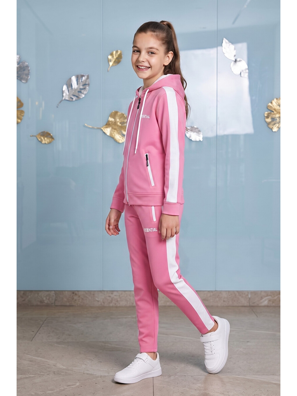 Pembe Kız Çocuk Potential Kalın Şeritli Kapüşonlu Düz Paça Dalgıç Kumaş Eşofman Takımı Esf7016-5