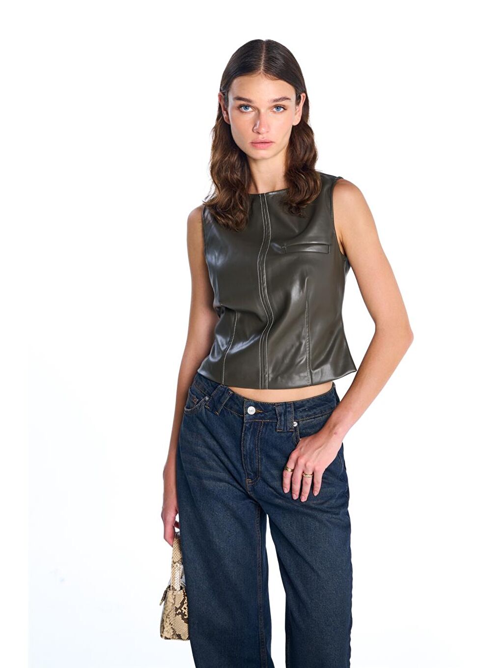 Haki Suni Deri Crop Top-1