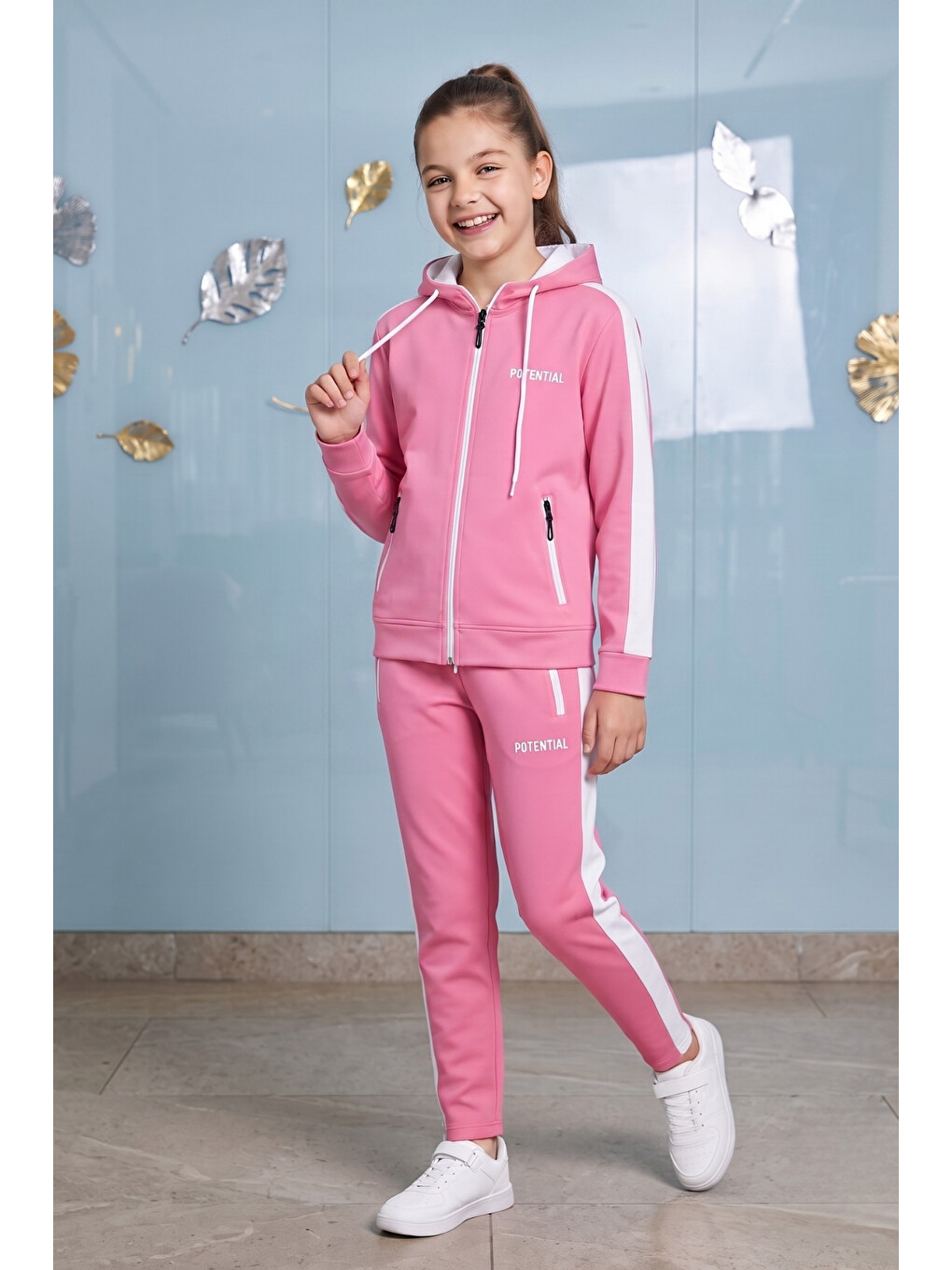 Pembe Kız Çocuk Potential Kalın Şeritli Kapüşonlu Düz Paça Dalgıç Kumaş Eşofman Takımı Esf7016-6