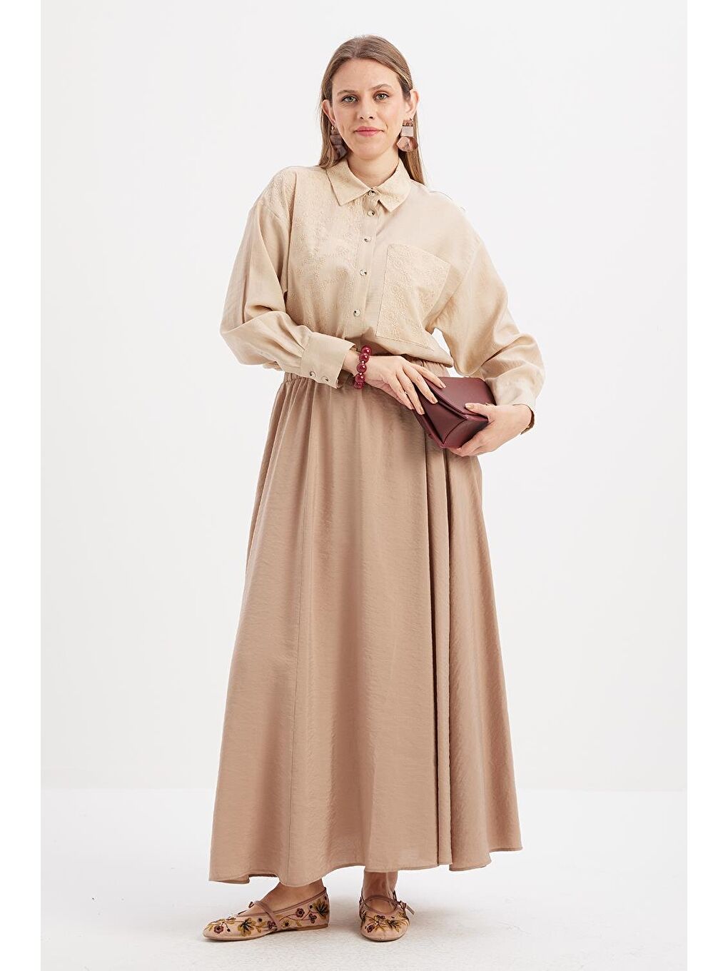 Bej Vizon-Lastikli Basic Etek-1