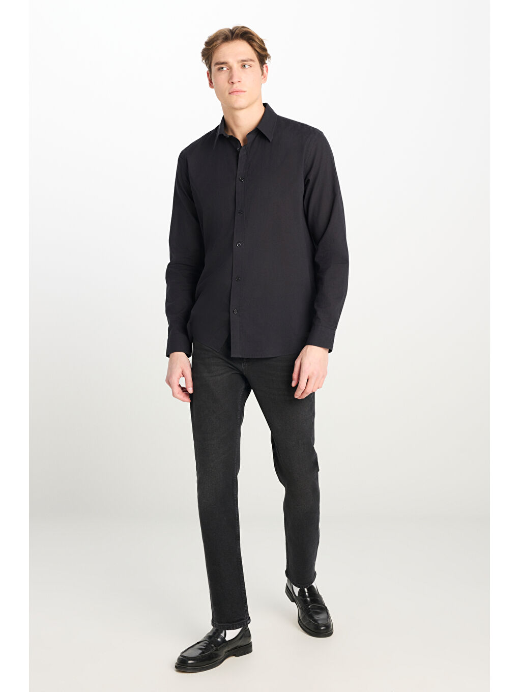 %100 Pamuk Regular Fit Normal Kesim Uzun Kollu Siyah Gömlek-2