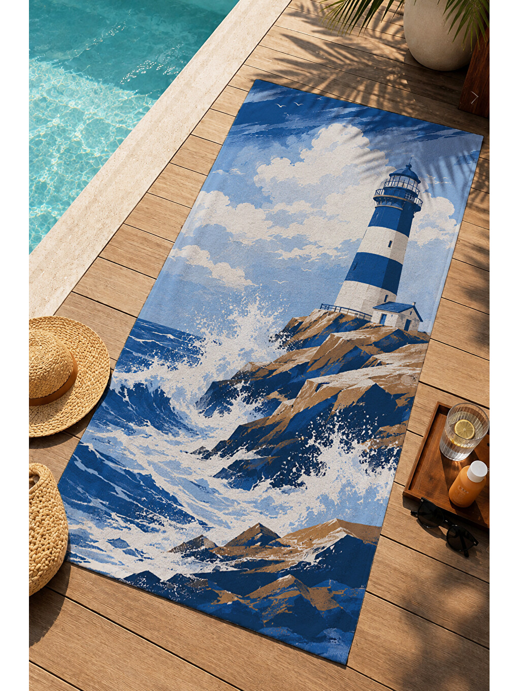 Mavi Dramatik Deniz Feneri Fırtınalı Okyanus Dalga Desenli 70x150 Plaj Havlusu - Pamuklu Banyo Havlusu-4