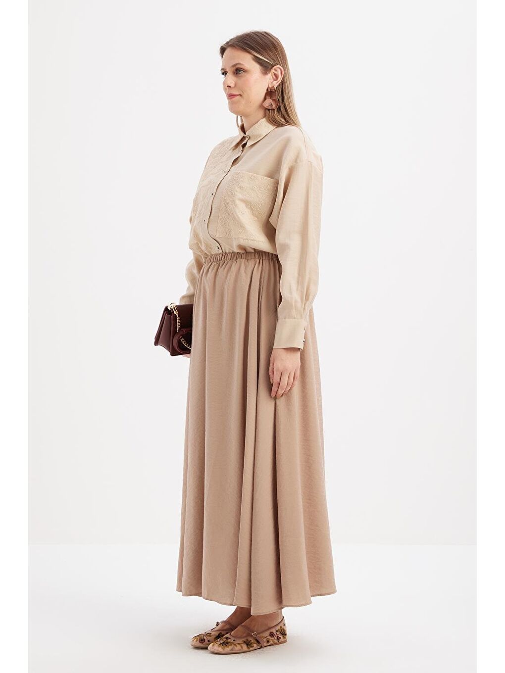 Bej Vizon-Lastikli Basic Etek-2