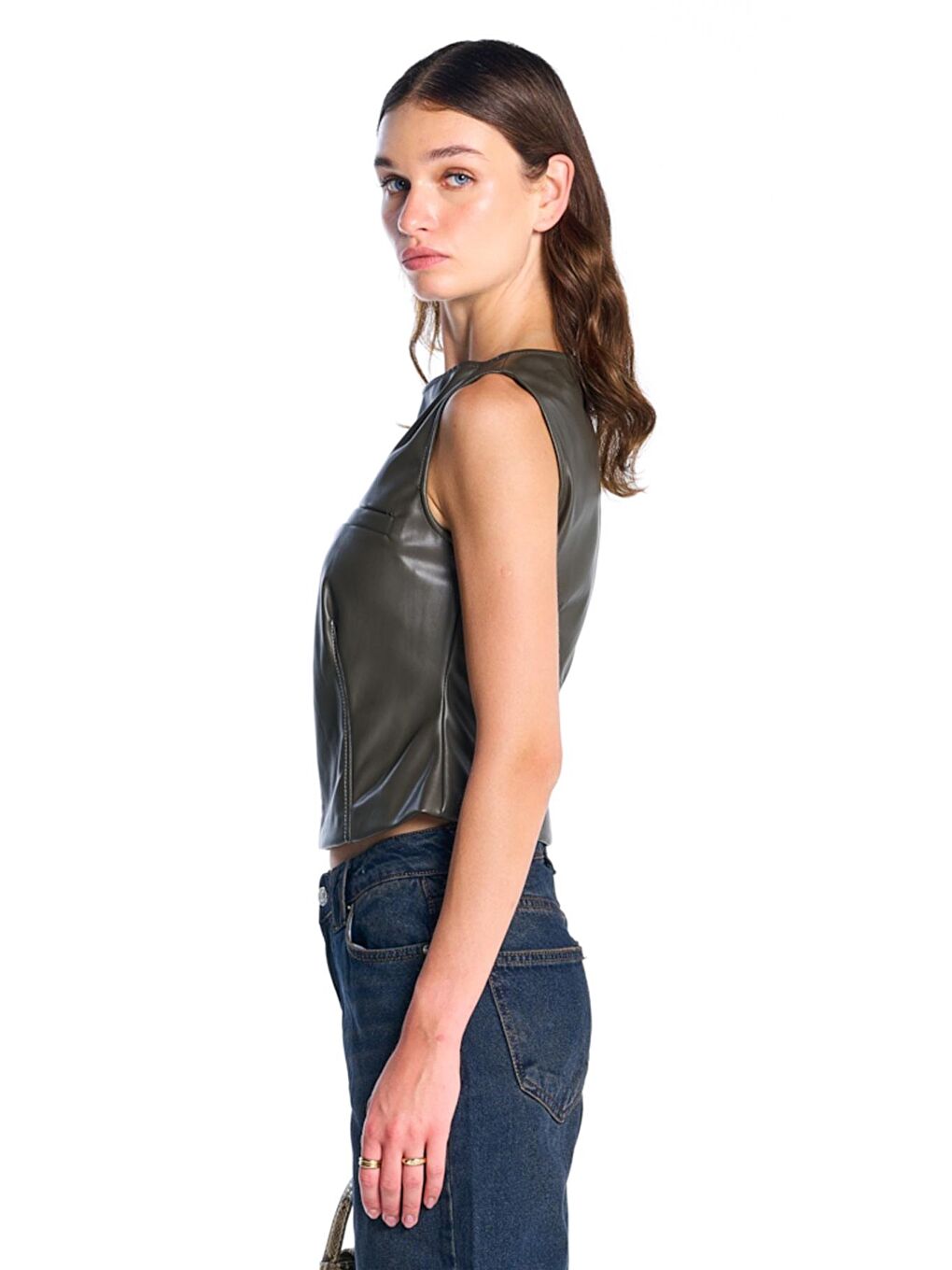 Haki Suni Deri Crop Top-2