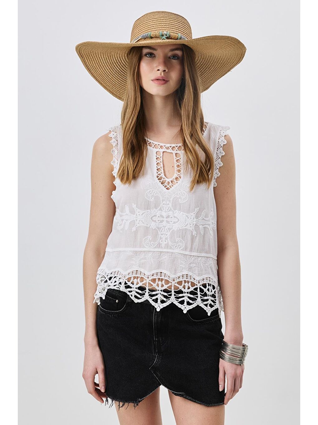 Bej Geniş Kenar Hasır Plaj Şapkası Y25730-14 Vizon