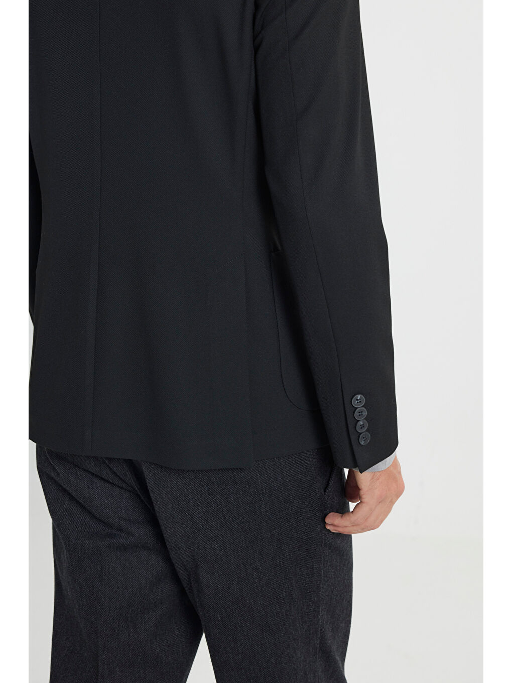 Erkek Siyah Slim Fit Dar Kesim Mono Yaka Beli Bağlamalı Diagonal Desenli Torba Cepli Takım Elbise-4