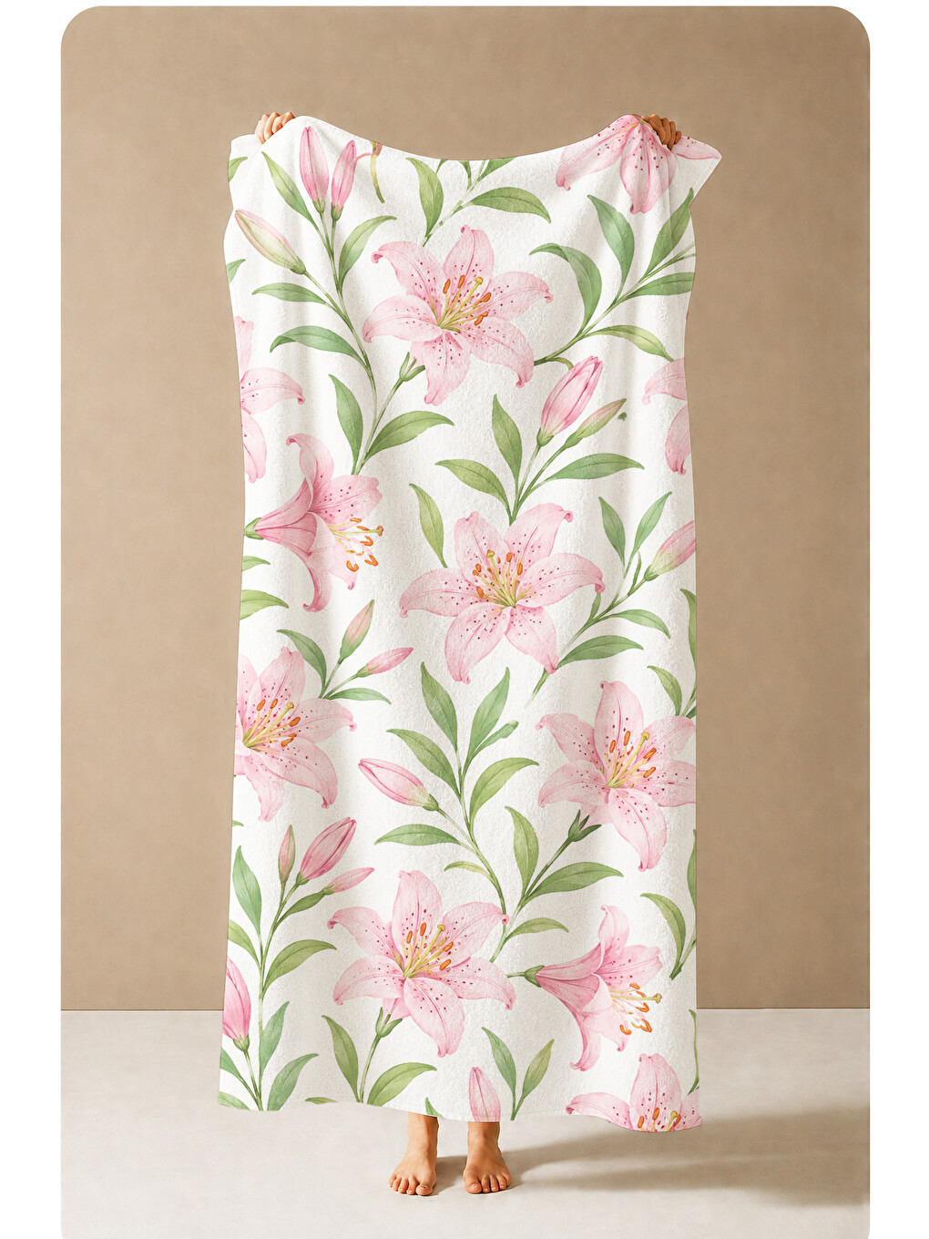 Romantik Pembe Lilyum Çiçekli Botanik Desenli 70x150 Plaj Havlusu - Dijital Baskılı Banyo Havlusu