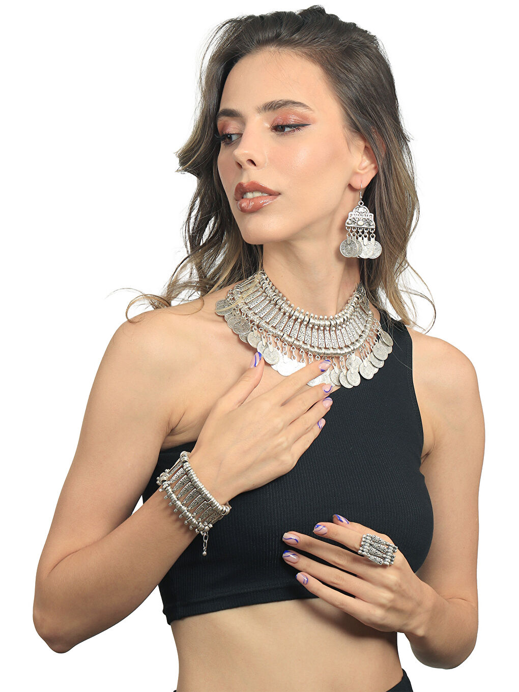 Gri Kadın Antik Gümüş Kaplama Bohem Tarz Kolye & Bileklik & Yüzük & Küpe Seti-2