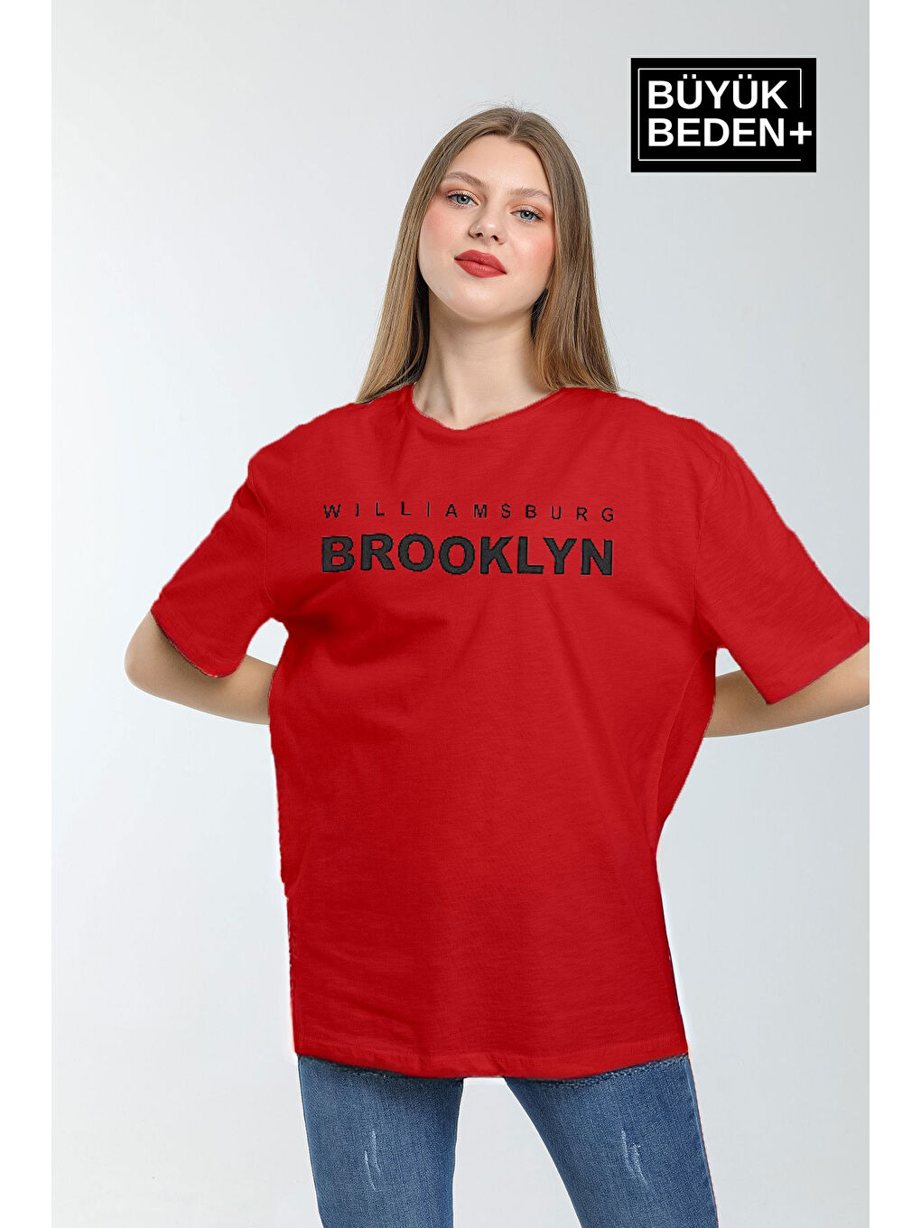 Kırmızı Kadın Büyük Beden Willams.Brooklyn Baskılı Bisiklet Yaka Tshırt SPR25BTSK15-1