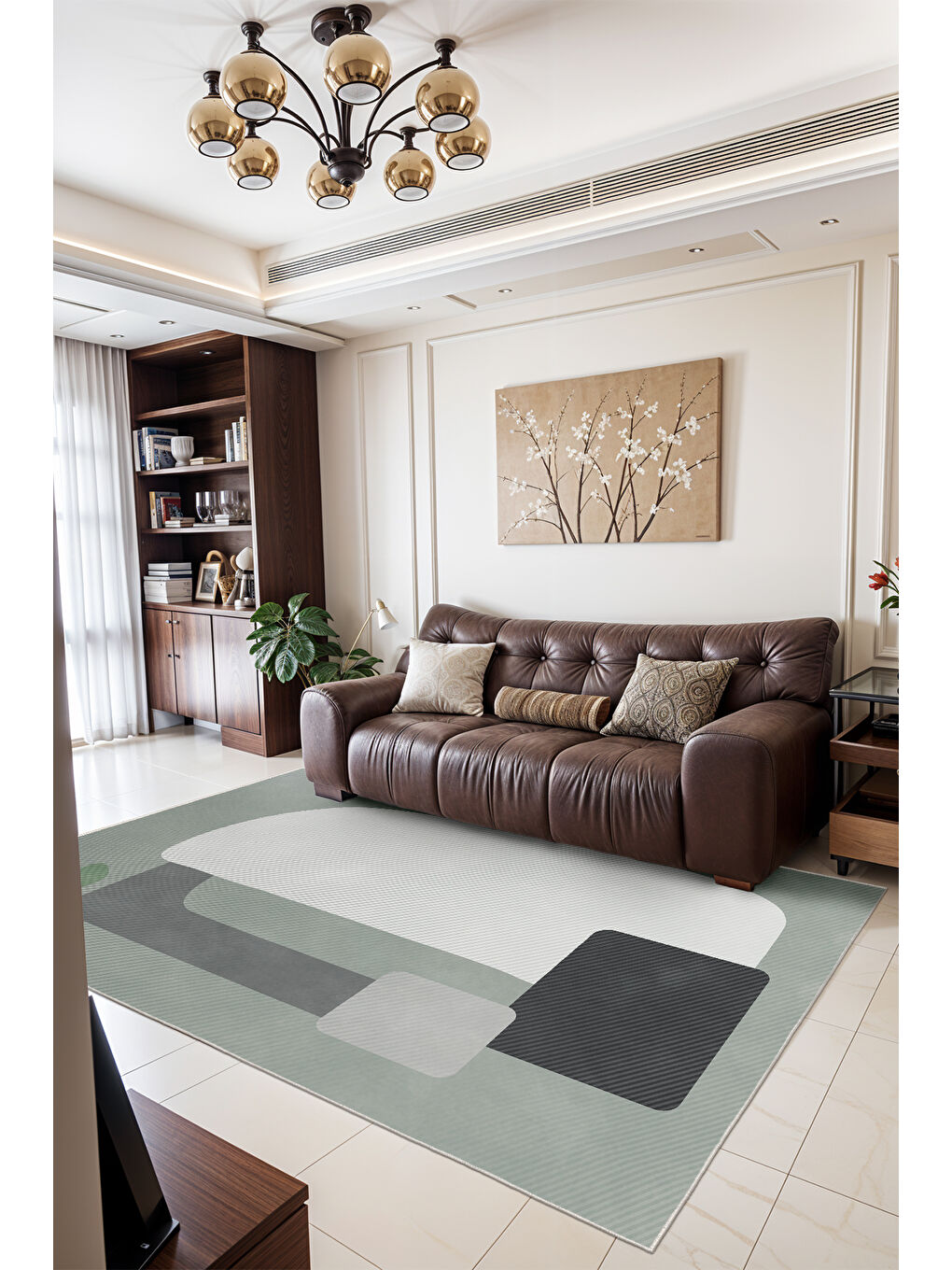 Yeşil Dekoratif Salon Halısı, Makinada Yıkanabilir, Kaymaz Taban, İnce & Modern Tasarım-1