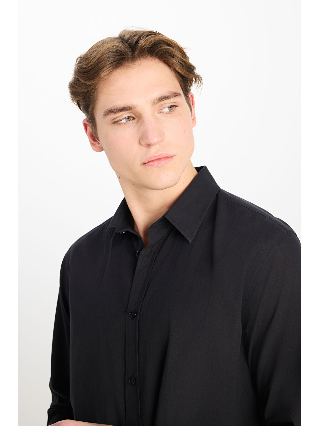 %100 Pamuk Regular Fit Normal Kesim Uzun Kollu Siyah Gömlek-3