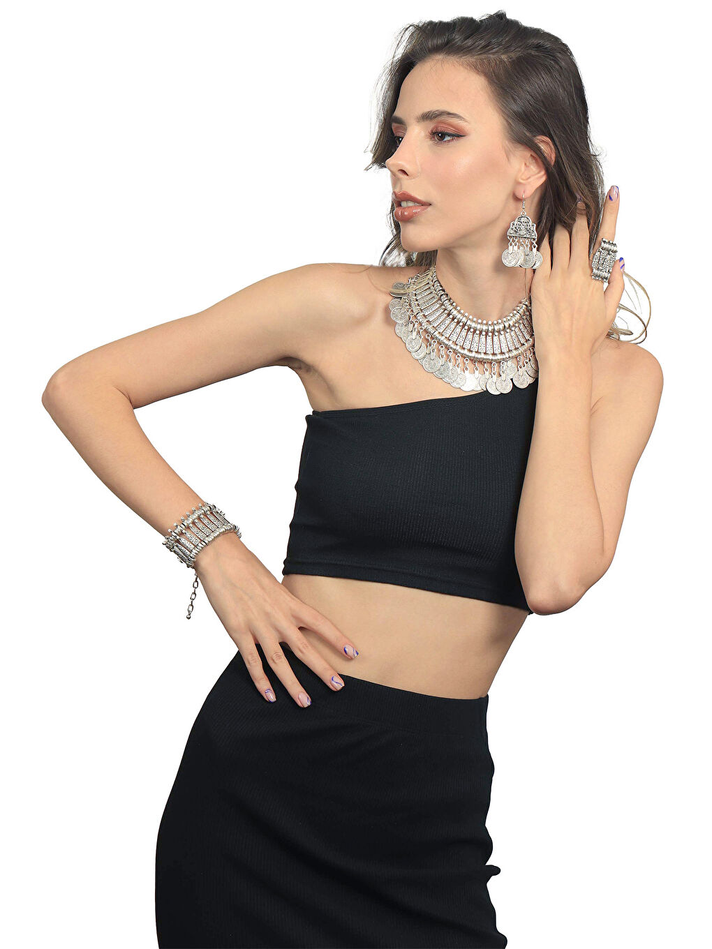 Gri Kadın Antik Gümüş Kaplama Bohem Tarz Kolye & Bileklik & Yüzük & Küpe Seti-3