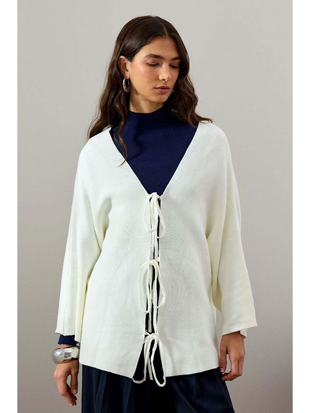 Ekru 3 Fiyonklu Triko Ceket-2