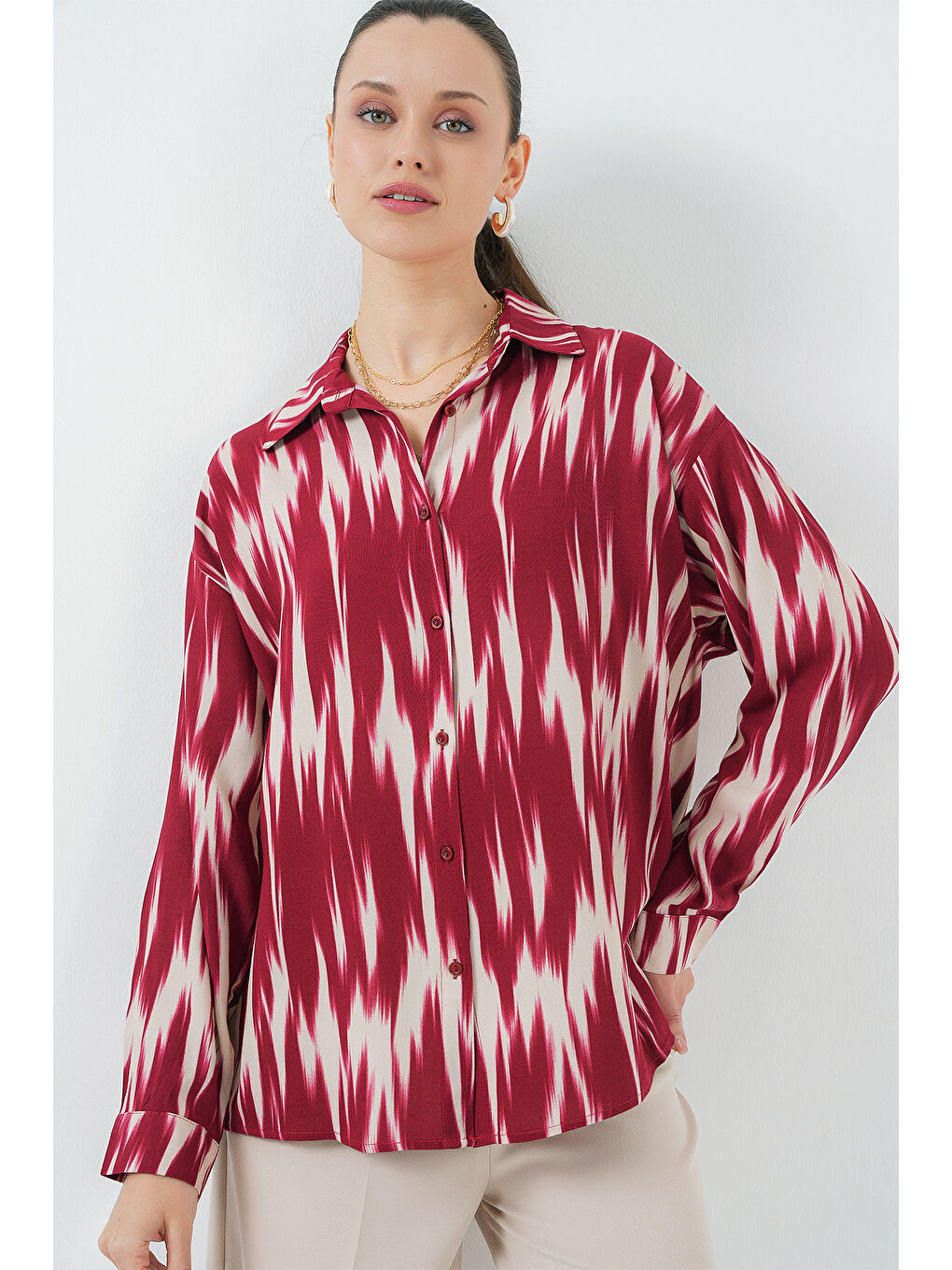 Kadın Desenli Oversize Gömlek 20301 - Kırmızı-2