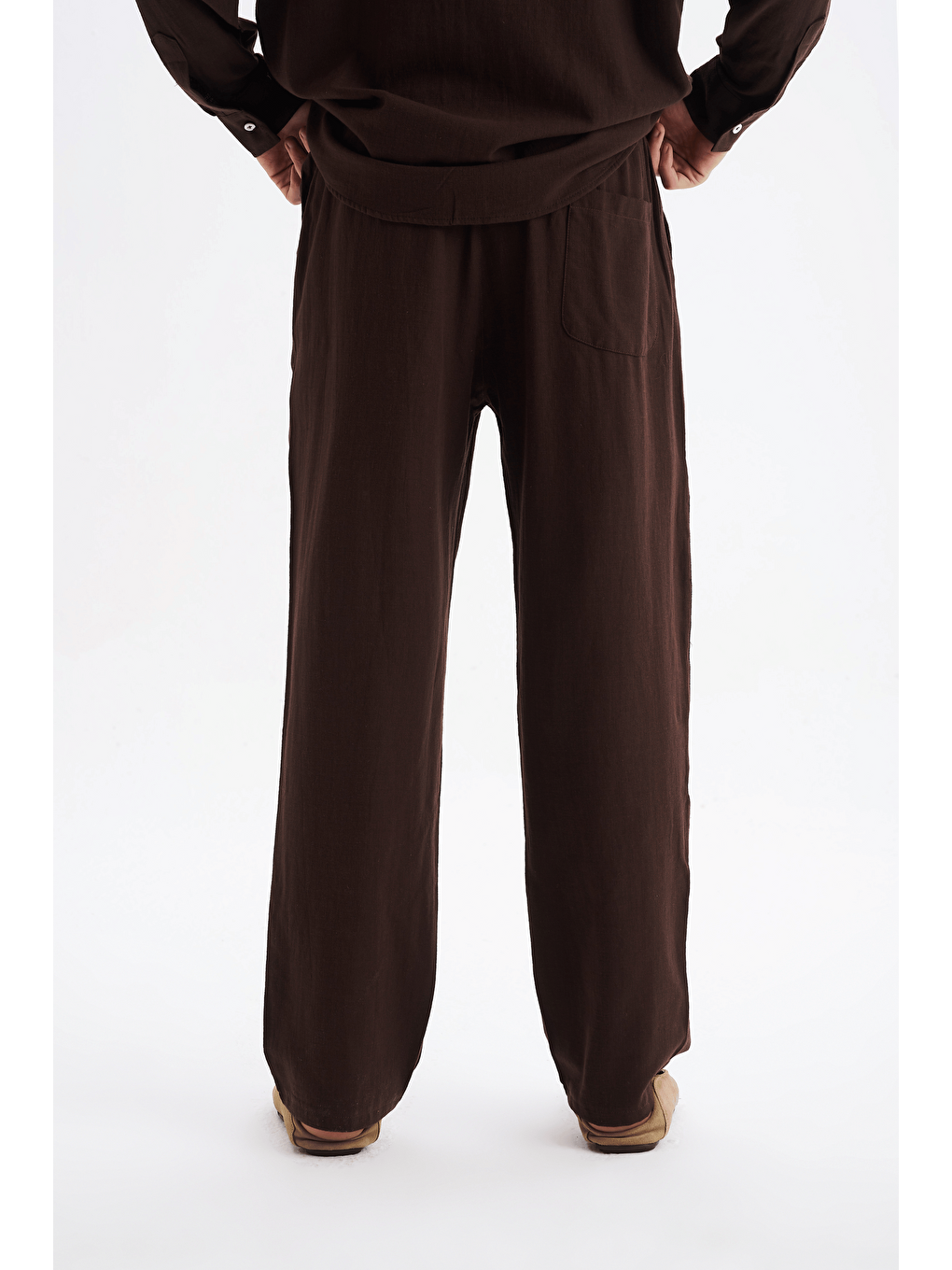 Erkek %100 Pamuklu Keten Görünümlü Pantolon Gömlek Takım Kahverengi-2