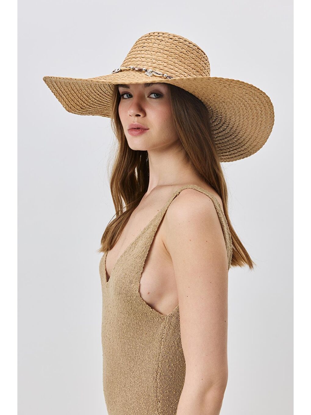 Bej Geniş Kenar Hasır Plaj Şapkası Y25730-15 Vizon-1