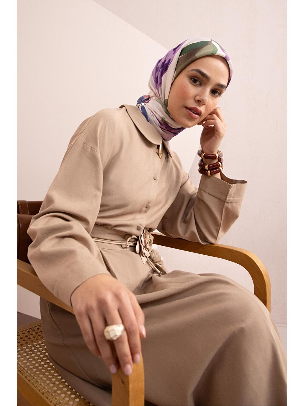 Bej Vizon-Bebe Yakalı Keten Etekli Takım