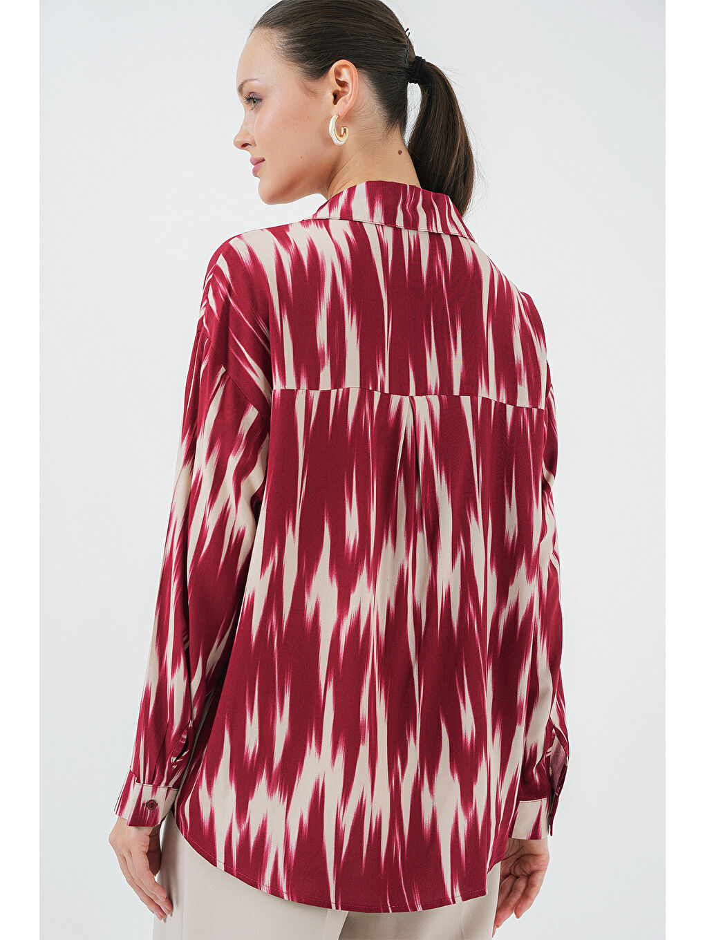 Kadın Desenli Oversize Gömlek 20301 - Kırmızı-4