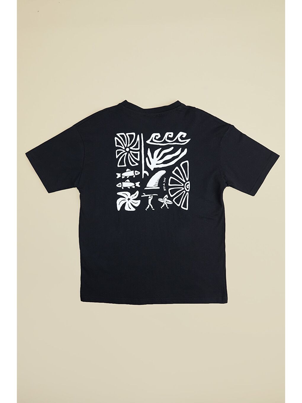 Siyah Sörf Baskılı Bisiklet Yaka Erkek Çocuk Oversize Tişört-1