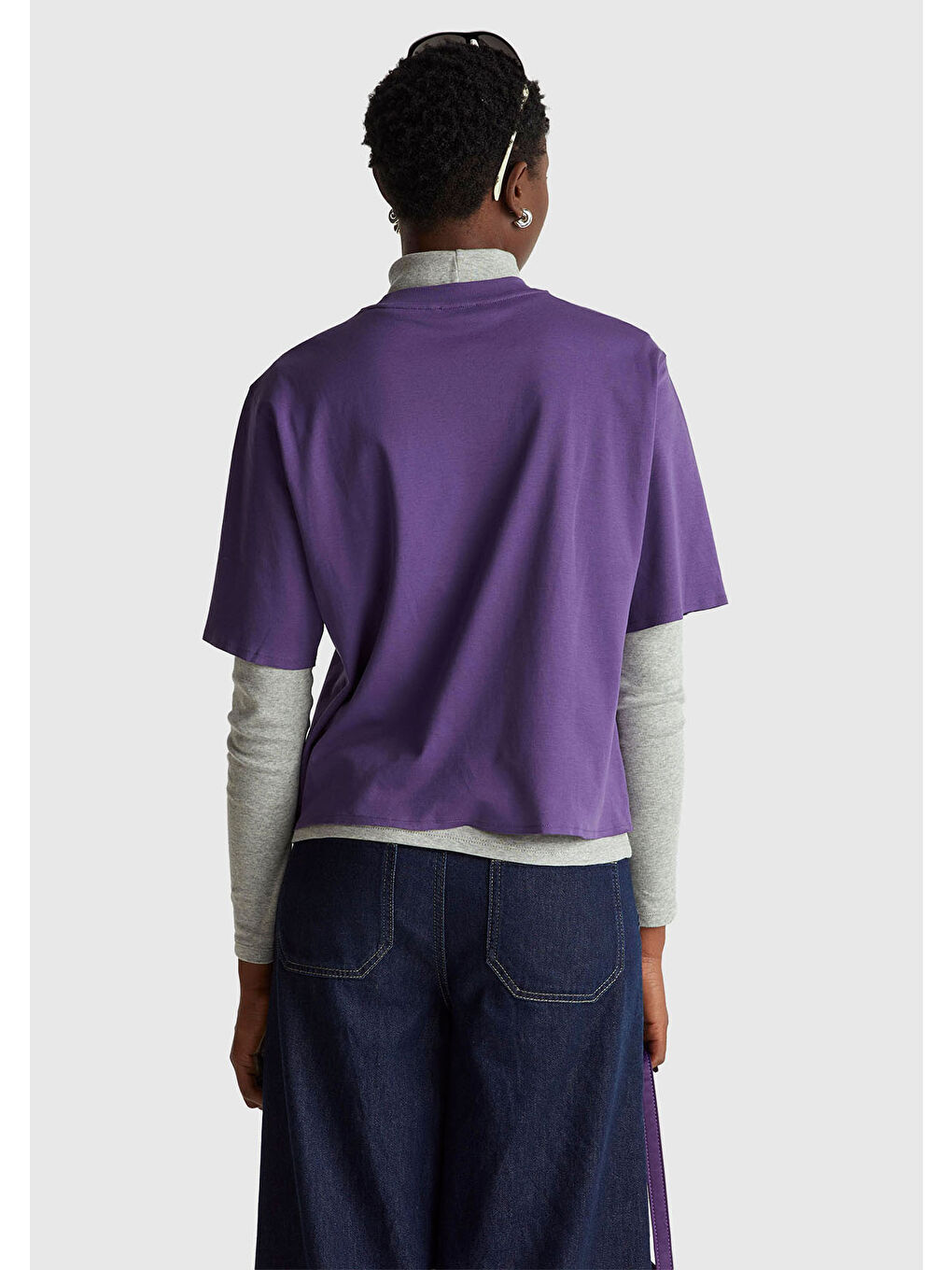 Kadın Mor %100 Pamuk Önü Yazı Baskılı Bisiklet Yaka T-Shirt-2