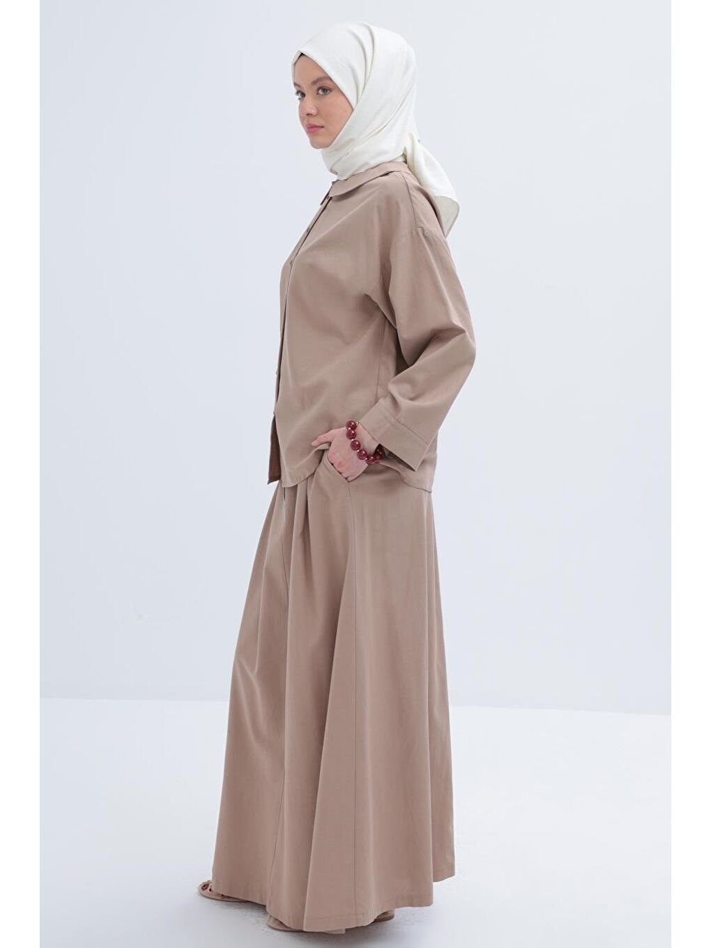 Bej Vizon-Bebe Yakalı Keten Etekli Takım-2