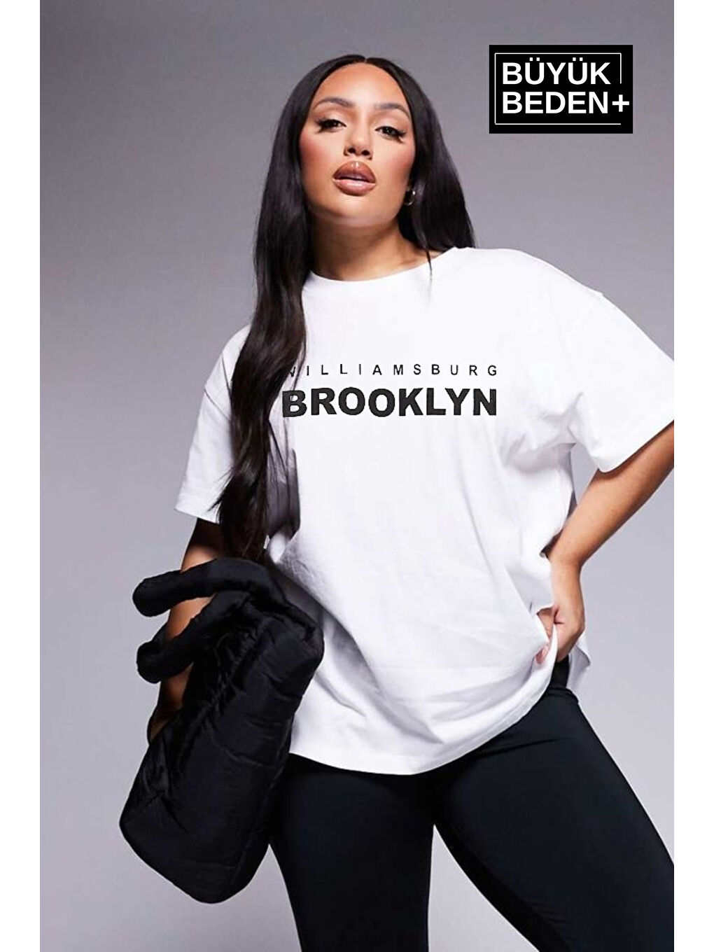 Beyaz Kadın Büyük Beden Willams.Brooklyn Baskılı Bisiklet Yaka Tshırt SPR25BTSK15
