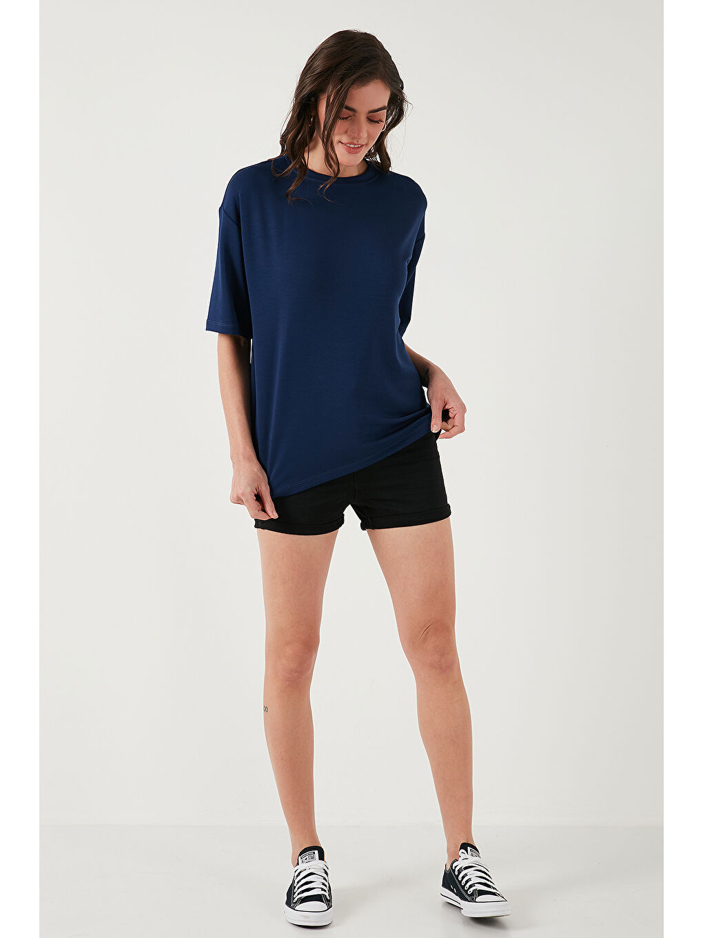 Lacivert Streç Oversize Fit Bisiklet Yaka T Shirt 5865911-2