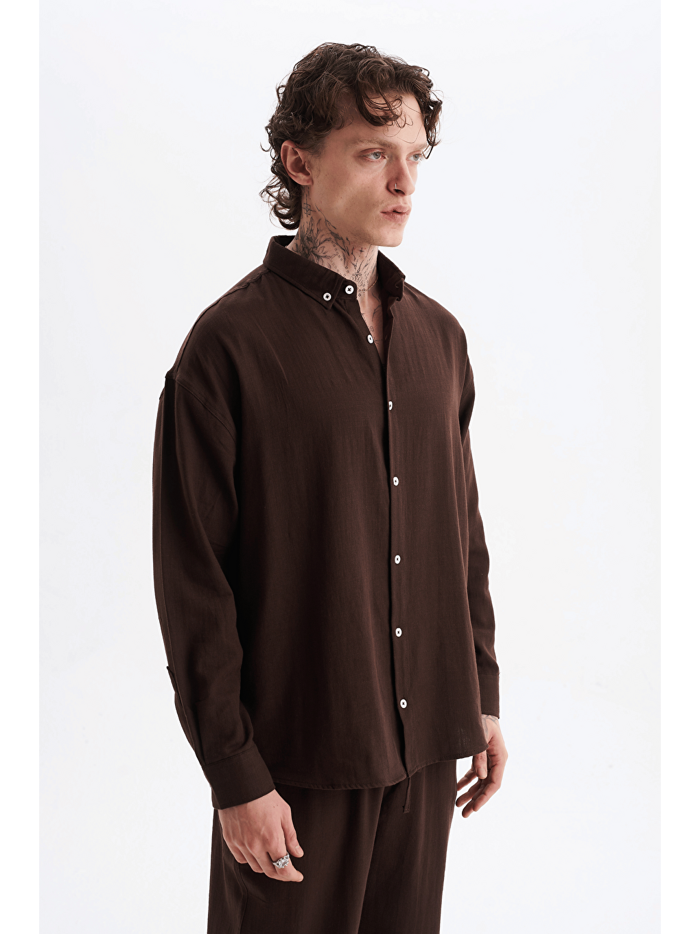 Erkek %100 Pamuklu Keten Görünümlü Pantolon Gömlek Takım Kahverengi-3