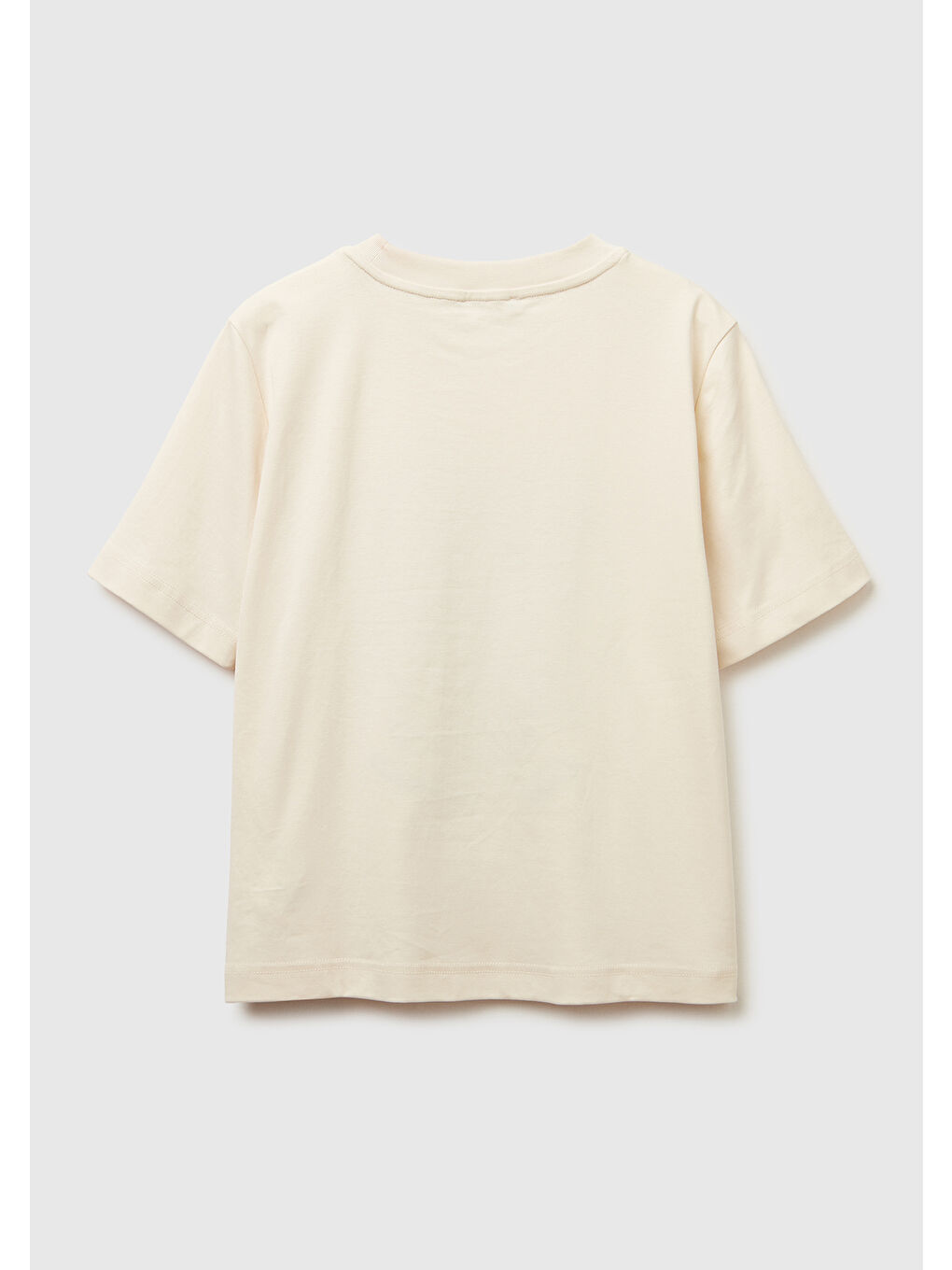 Ekru Kadın Krem %100 Pamuk Önü Çiçek İşlemeli Bisiklet Yaka T-Shirt-3