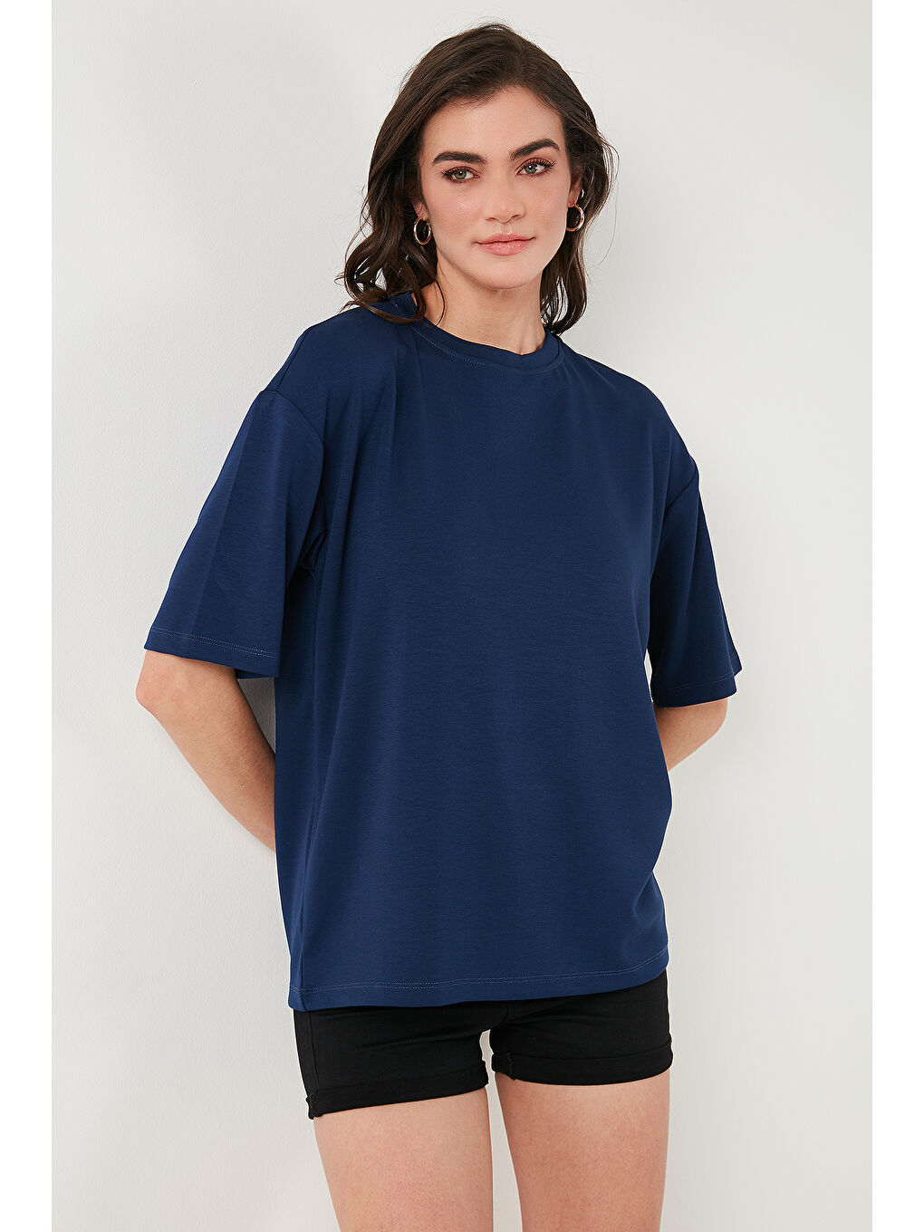 Lacivert Streç Oversize Fit Bisiklet Yaka T Shirt 5865911-3