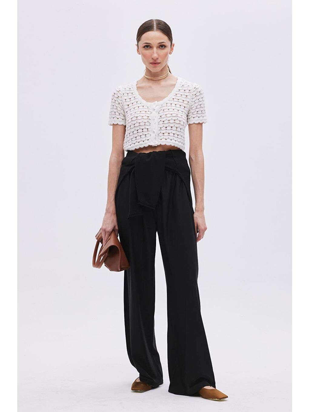 Ekru Çıtçıtlı Triko Crop Top-1