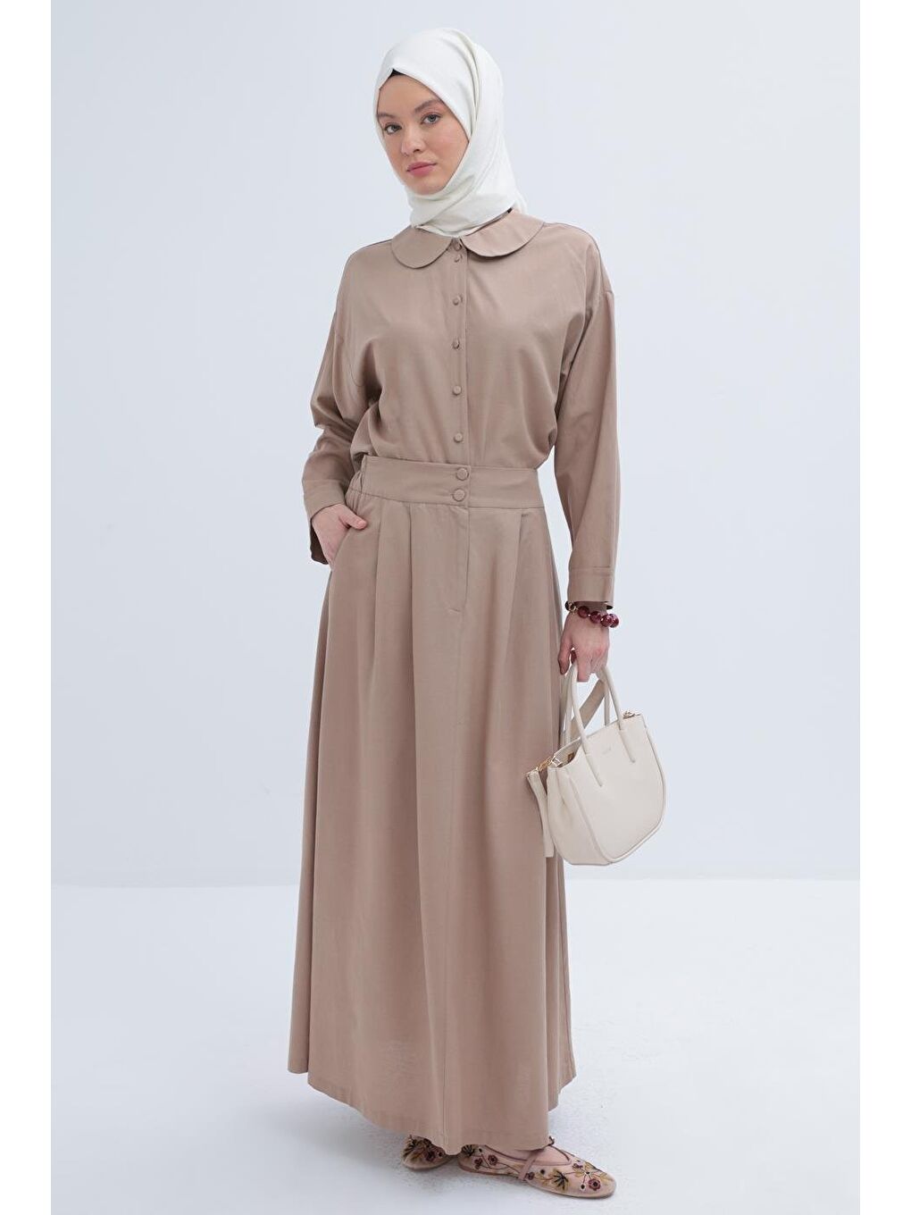 Bej Vizon-Bebe Yakalı Keten Etekli Takım-4