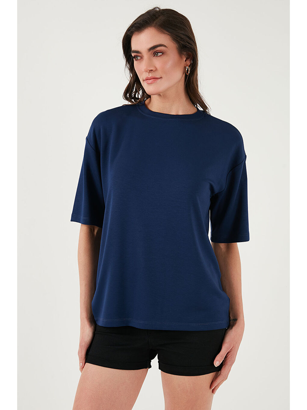 Lacivert Streç Oversize Fit Bisiklet Yaka T Shirt 5865911-5