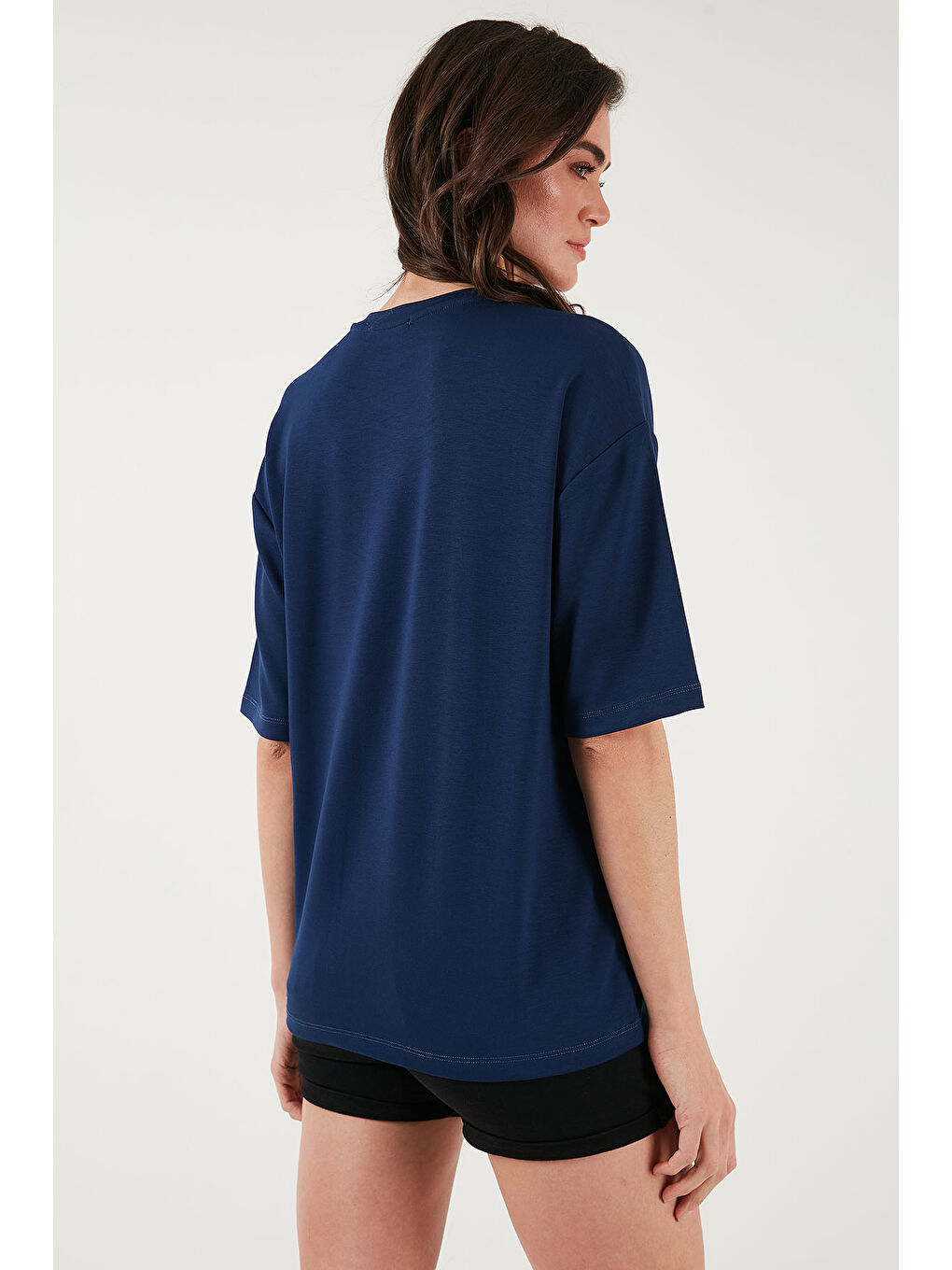 Lacivert Streç Oversize Fit Bisiklet Yaka T Shirt 5865911-6