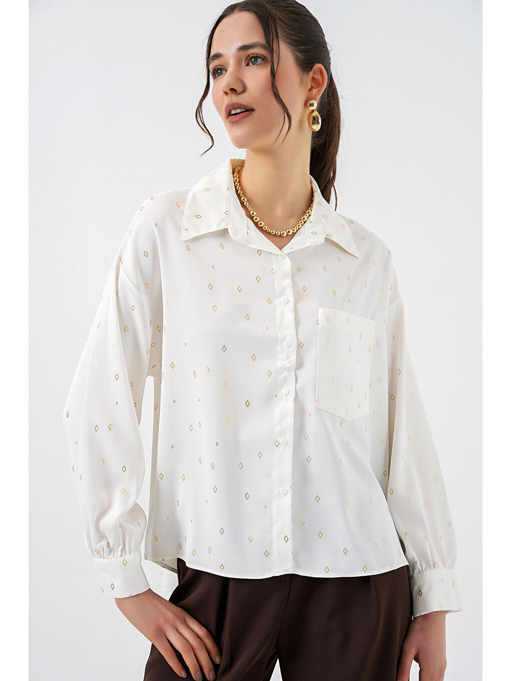 Kadın Desenli Oversize Gömlek 20361 - Altın Sarısı-2