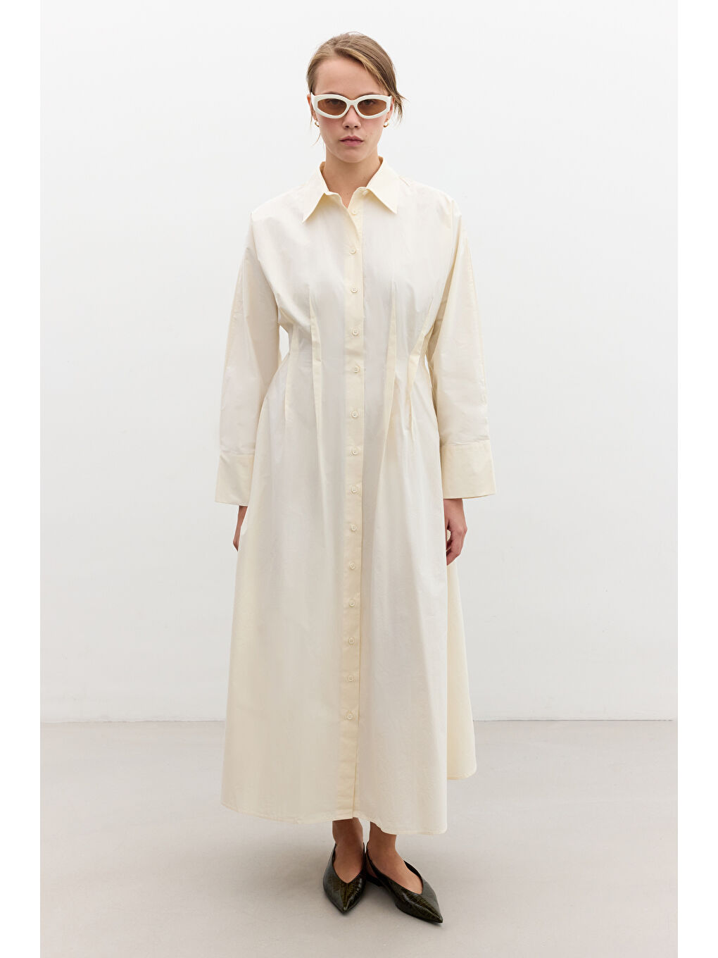 Sarı Nervür Detaylı Gömlek Elbise Tereyağ