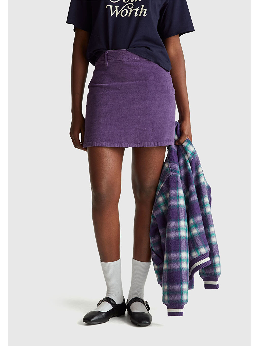 Kadın Mor Pamuk Karışımlı Yandan Fermuarlı Kadife Mini Etek