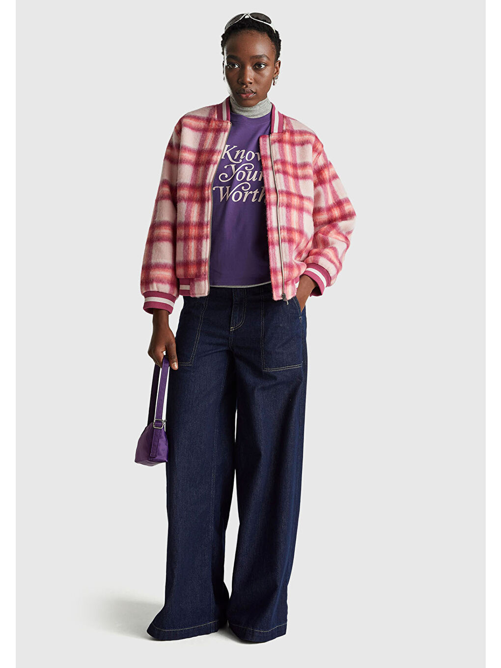 Kadın Mor %100 Pamuk Önü Yazı Baskılı Bisiklet Yaka T-Shirt-4