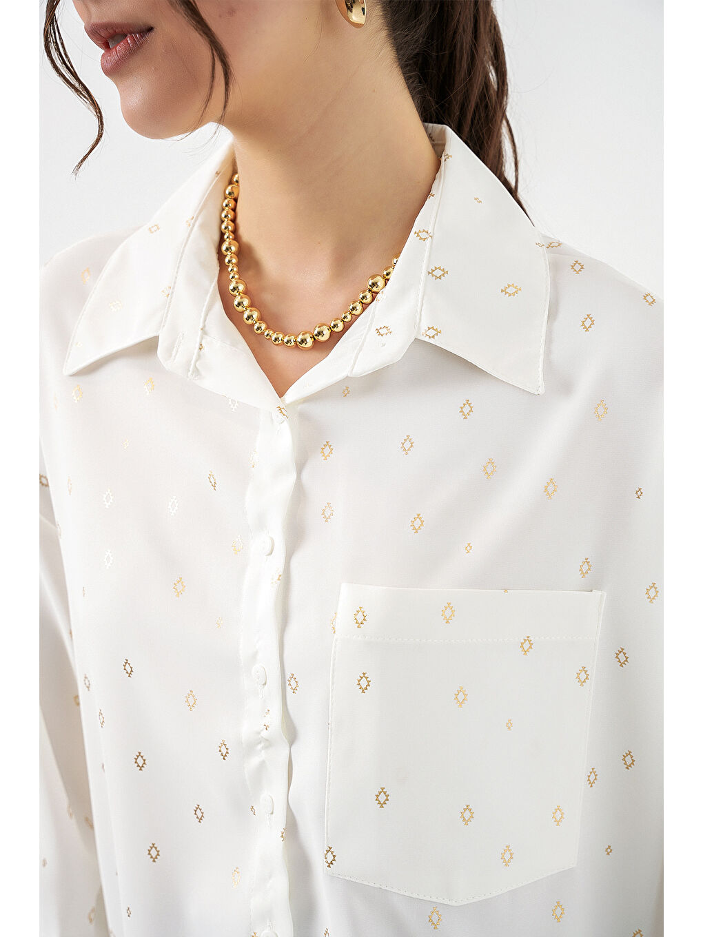 Kadın Desenli Oversize Gömlek 20361 - Altın Sarısı-3