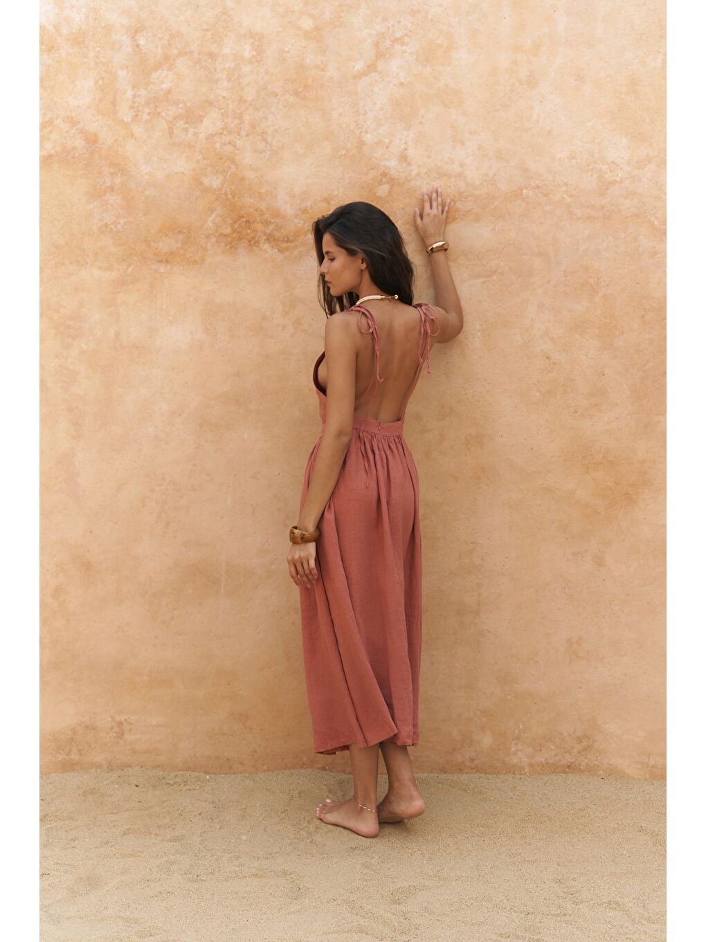 Kahverengi Eara Askılı Tarçın Uzun Keten Elbise-2